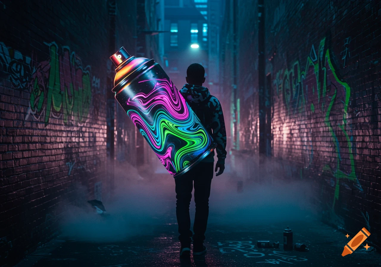 A silhouetted figure carries a massive glowing neon spray paint can in a dark, foggy alley with graffiti-covered brick walls.