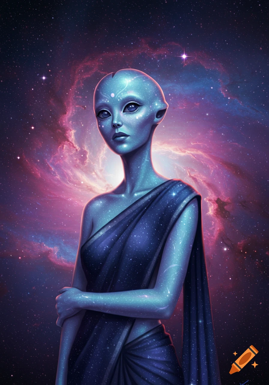 An ethereal blue alien woman with glowing speckles on her skin, wearing a flowing blue starry saree, stands against a vibrant cosmic nebula and starfield.