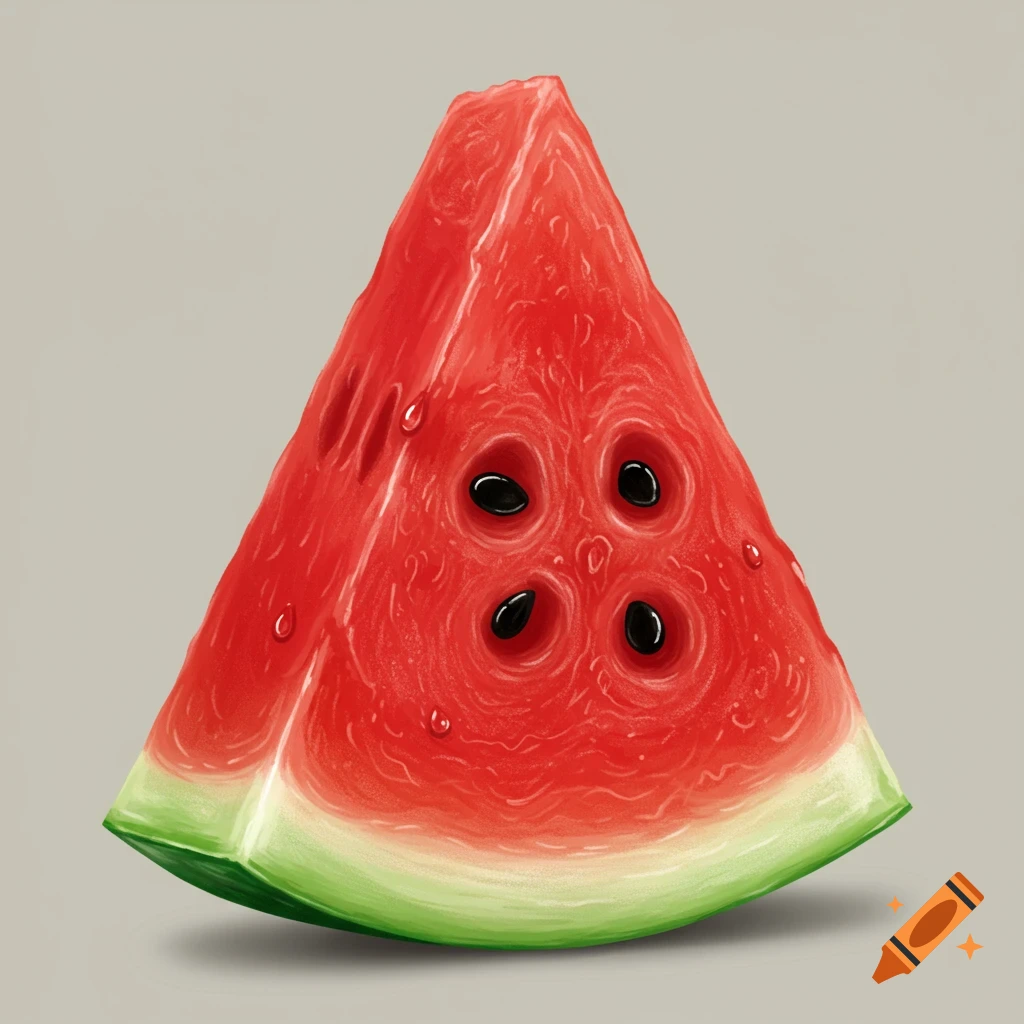 An illustrative slice of red watermelon with black seeds and a green rind.