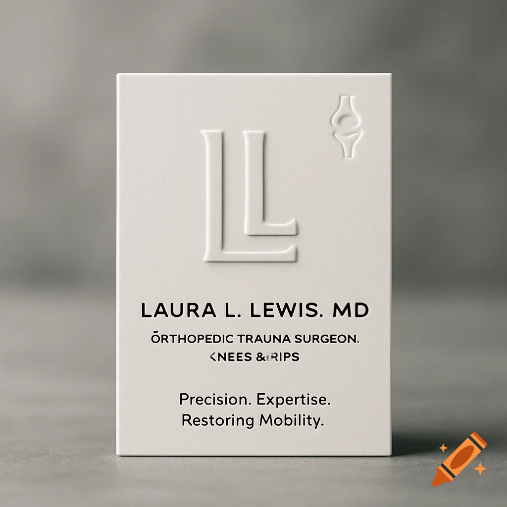 A minimalist white business card for Laura L. Lewis, MD, an orthopedic surgeon, featuring embossed 'LL' initials, a stylized joint logo, and the tagline 'Precision. Expertise. Restoring Mobility.'.