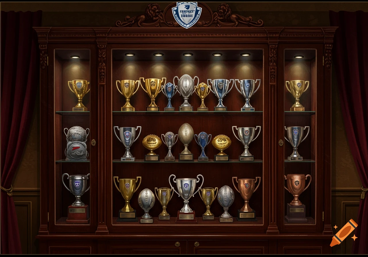 A detailed wooden trophy cabinet displaying numerous gold and silver sports trophies, including football awards, with a 'Fantasy League' logo.