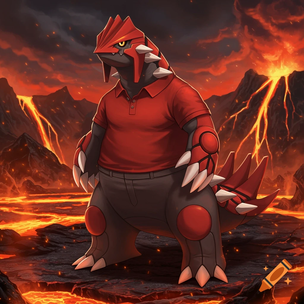 Groudon from Pokemon wearing a red polo shirt and dark grey trousers in a volcanic landscape with lava flows and erupting volcanoes.