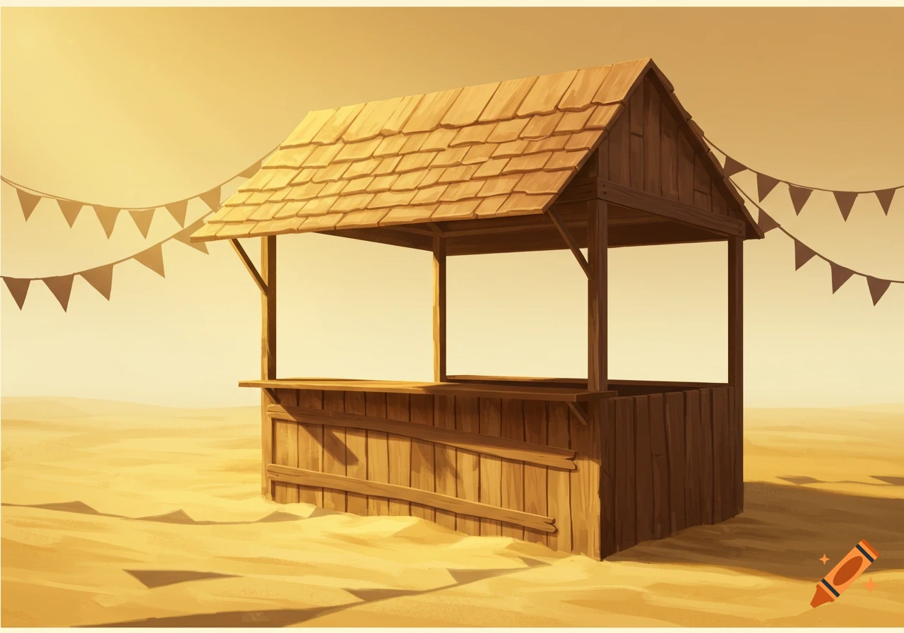 A wooden event booth with a shingled roof and counter stands in a sandy desert landscape under a warm sky, with decorative bunting.