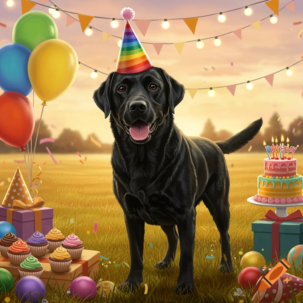 A black Labrador dog wearing a rainbow party hat stands in a field with balloons, a birthday cake, and presents at sunset.