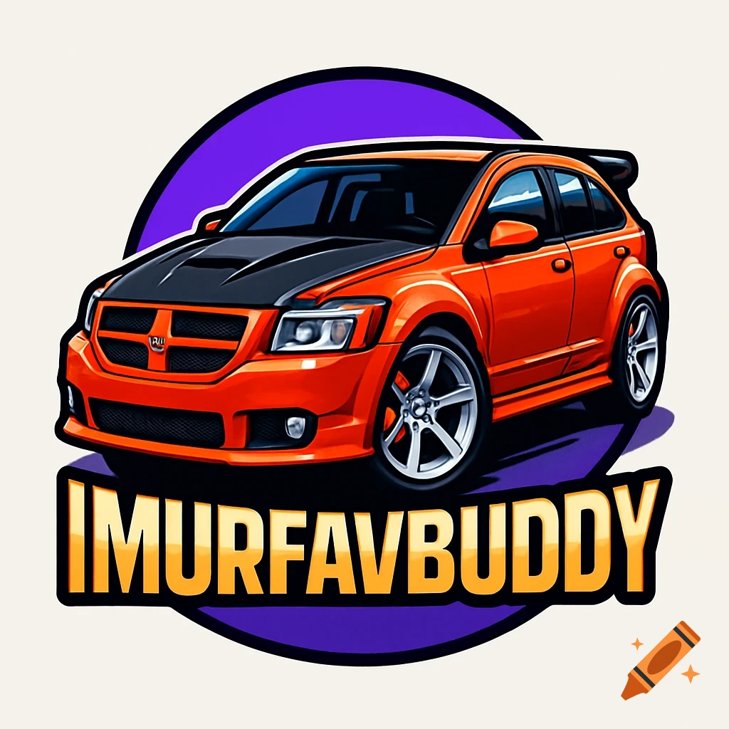 Cartoon logo of an orange-red customized Dodge Caliber SRT4 car with a black hood and spoiler on a purple background with the text 'IMURFAVBUDDY'.
