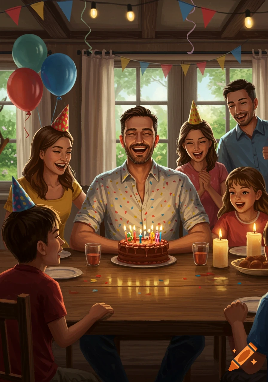 A happy family celebrates a birthday around a table with a chocolate cake and lit candles. Everyone is smiling and laughing.