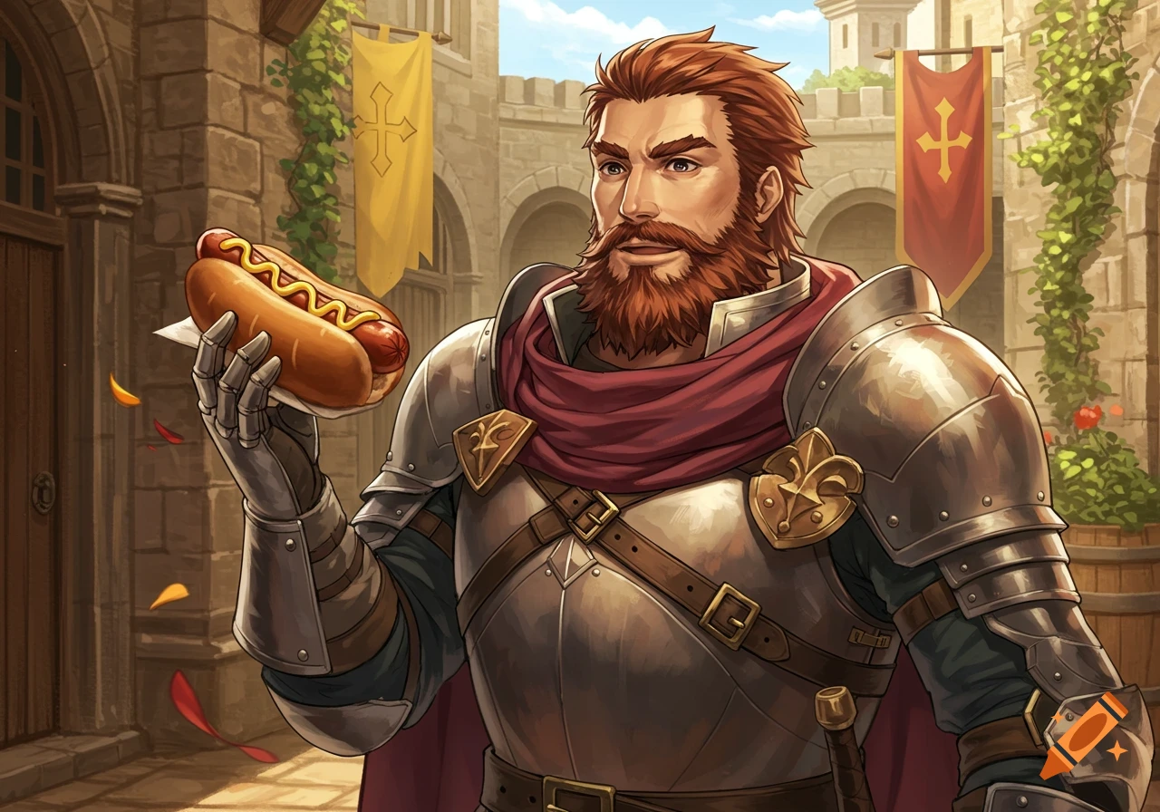 A bearded knight in detailed armor holds a hotdog with mustard in a castle courtyard, illustrated in a fantasy style.