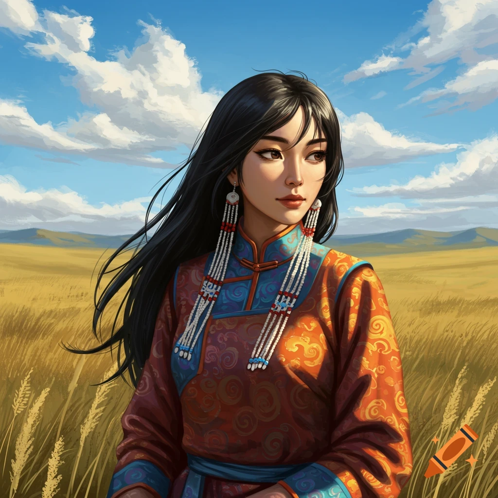 A digital painting of a young Mongolian woman in traditional ornate attire and long dark hair, standing in a golden field under a blue sky.