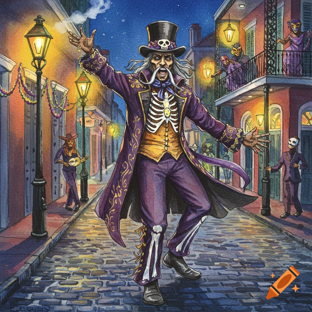 Watercolor painting of a skeleton-like figure in a purple coat and top hat dancing in a New Orleans street at night.