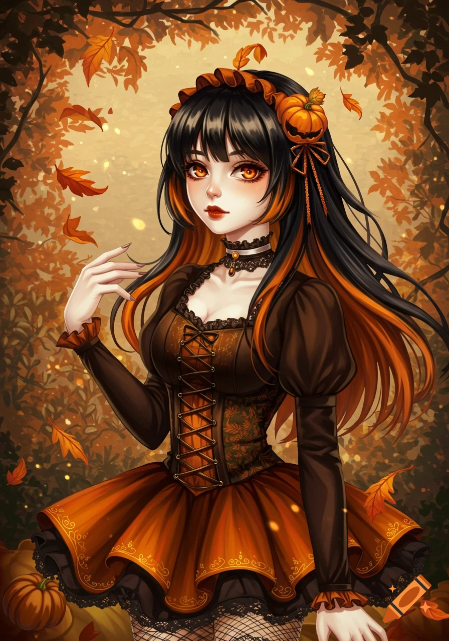 Anime goth girl with black and orange hair and eyes, in a pumpkin-themed dress, surrounded by autumn leaves in a forest.