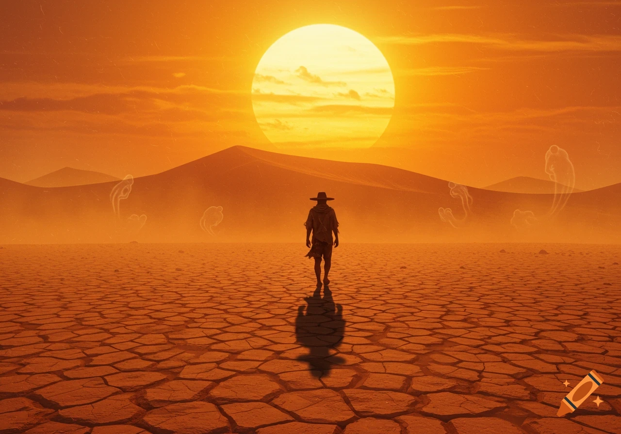 A person walks across a cracked desert floor under a huge orange sun, with distant dunes and subtle heat haze.
