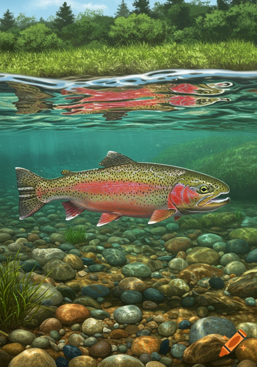 A vibrant rainbow trout swims in a clear river with a rocky bottom, reflecting the green forest above.