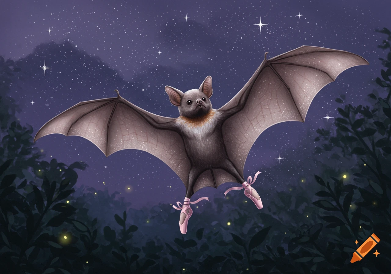 A cute bat wearing pink ballerina shoes flies through a starry night sky with trees below.