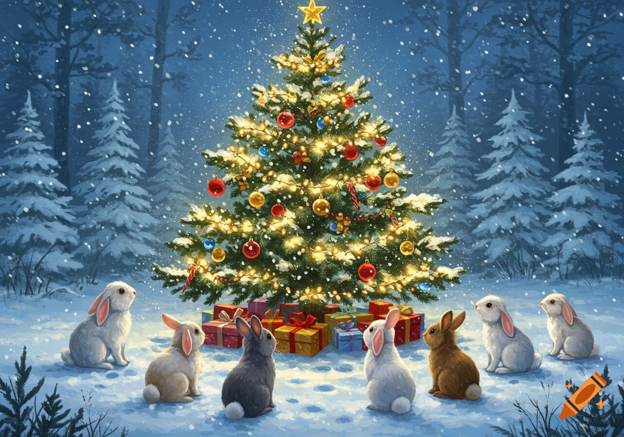 Cute bunnies gather around a brightly lit Christmas tree in a snowy winter forest.