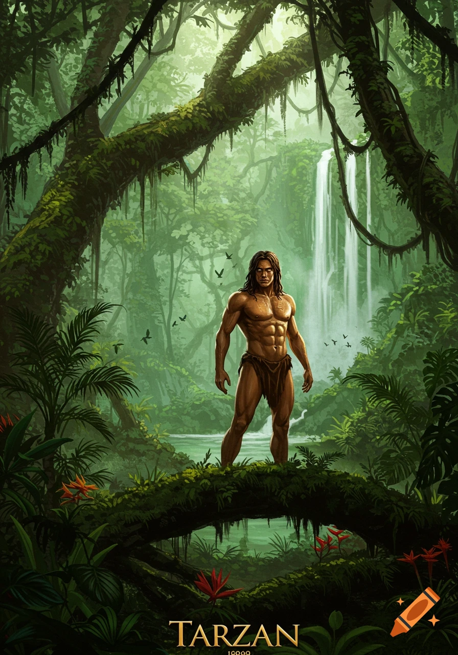 A muscular Tarzan stands in a lush jungle with a waterfall, illustrated with the text 'TARZAN 1999' below.