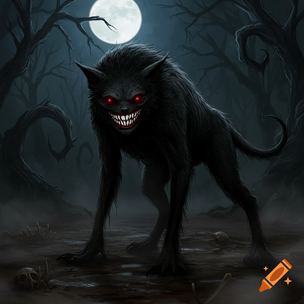 A black, furry, monster-like creature with glowing red eyes and a wide, toothy grin stands in a dark, misty forest under a full moon.