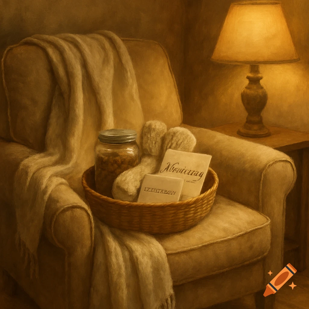 A warm, softly lit room with an armchair draped with a blanket. A woven basket on the chair holds a jar, soft socks, and handwritten notes. A lamp glows nearby.