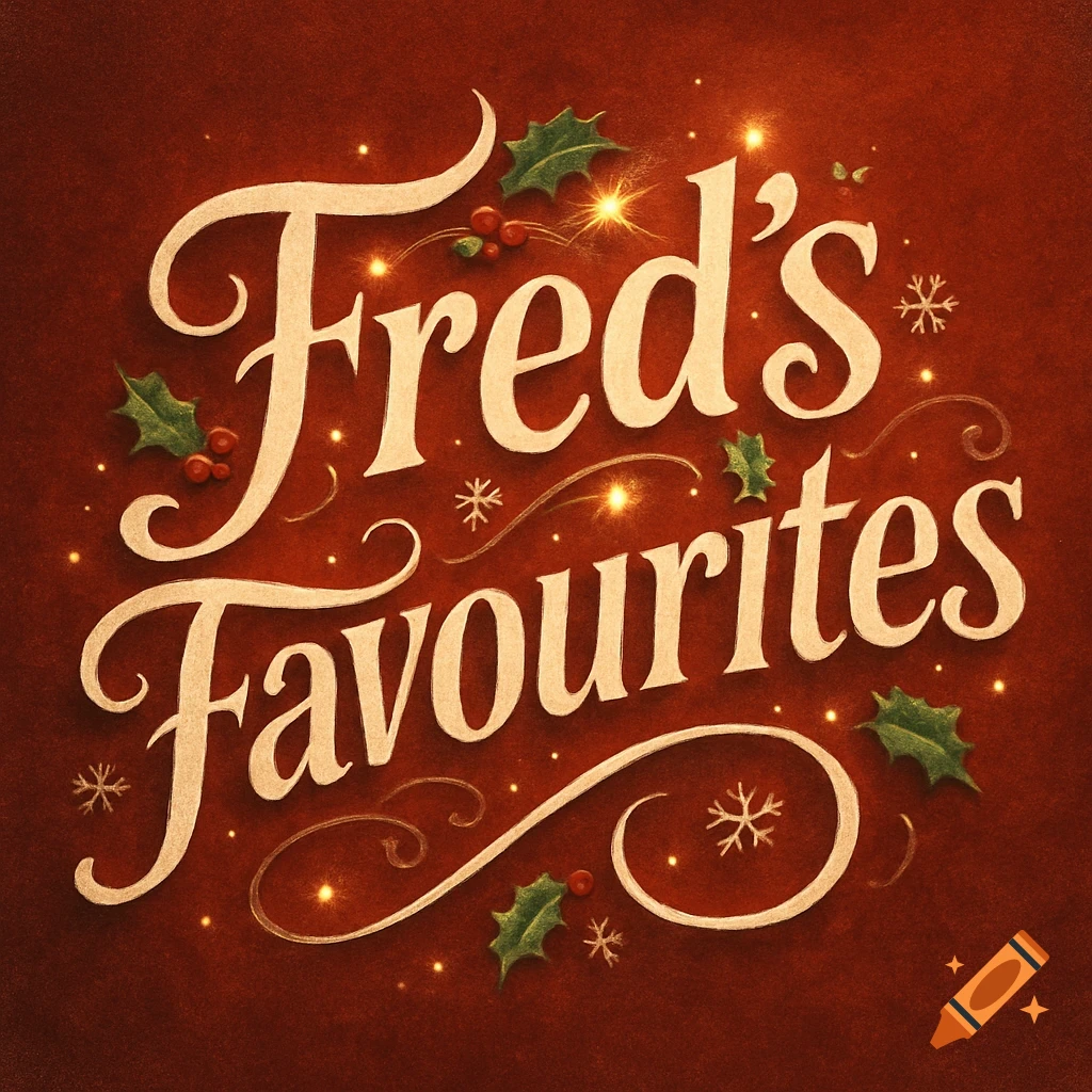 Ornate, festive typography reading 'Fred's Favourites' with holly, snowflakes, and sparkling lights on a textured red background.