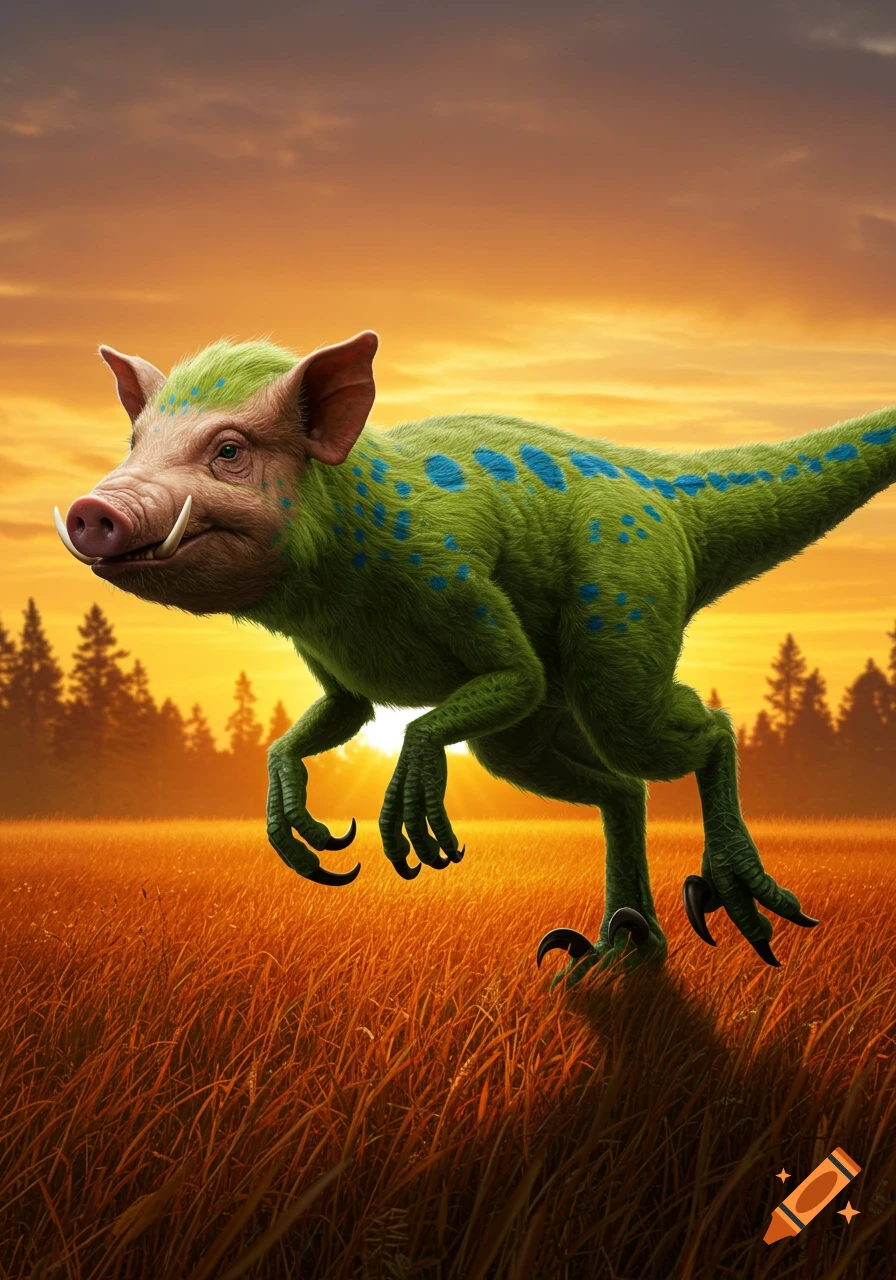 A green and blue spotted pig-headed velociraptor running through an orange field at sunset.