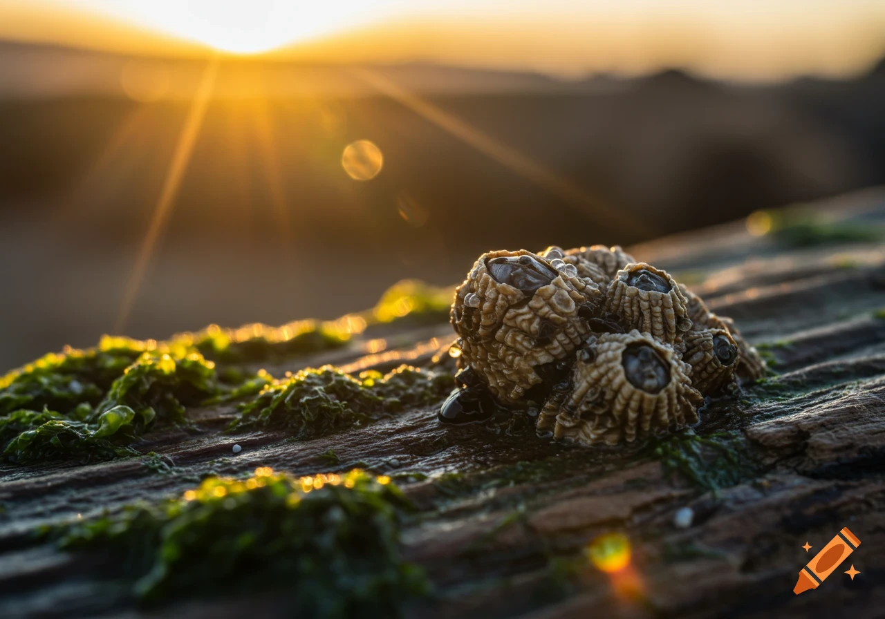 Close-up of barnacles and green moss on a wooden surface, illuminated by a golden sunset.
