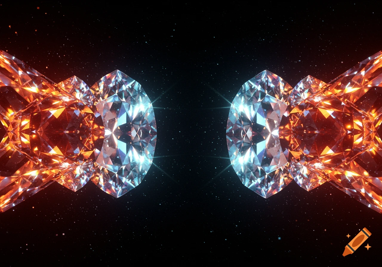 Two large, sparkling, multi-faceted diamonds, one orange and one blue, against a dark, starry background.