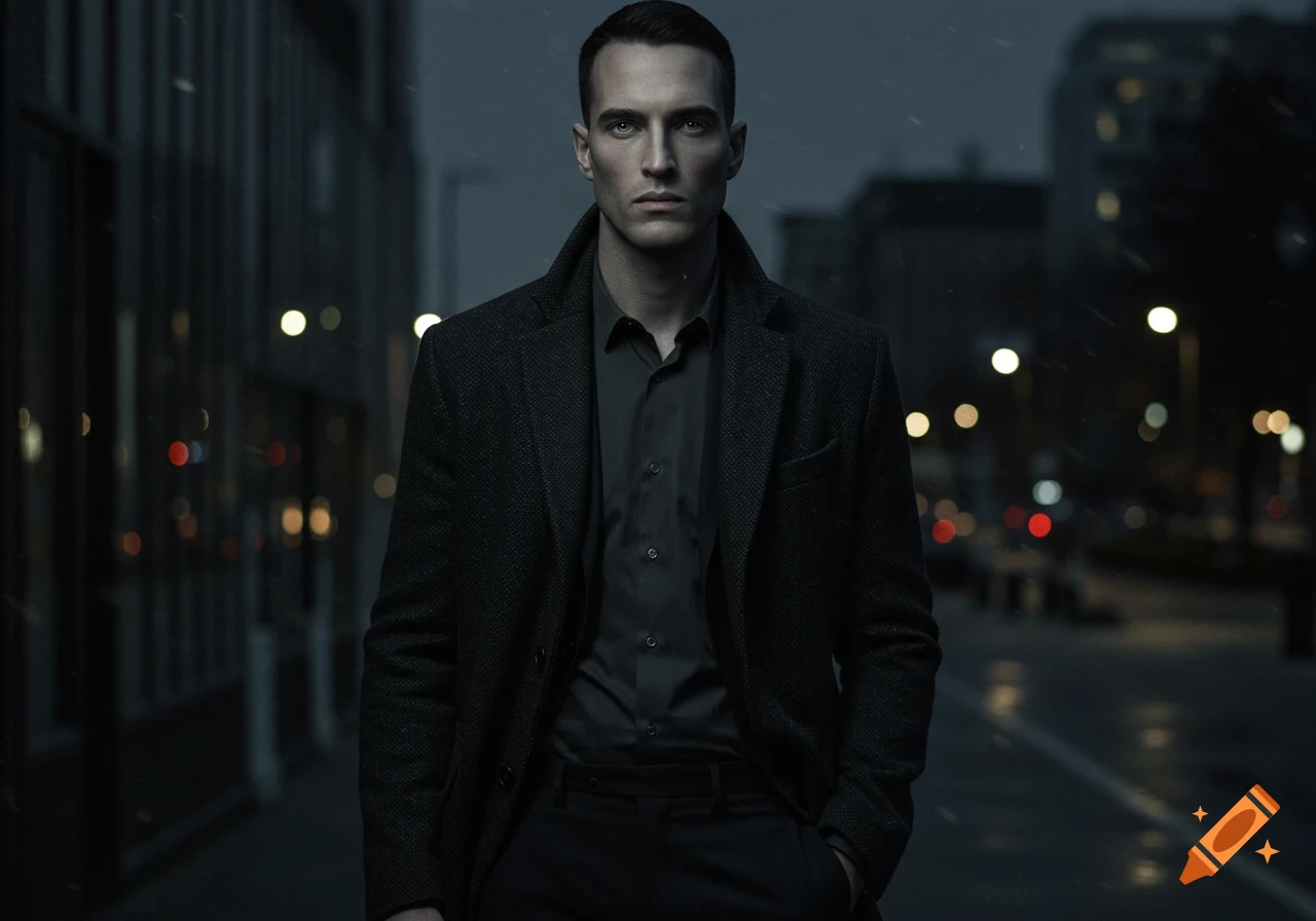 A photorealistic portrait of a man in a dark coat and shirt, standing in a dim urban setting with blurred lights.