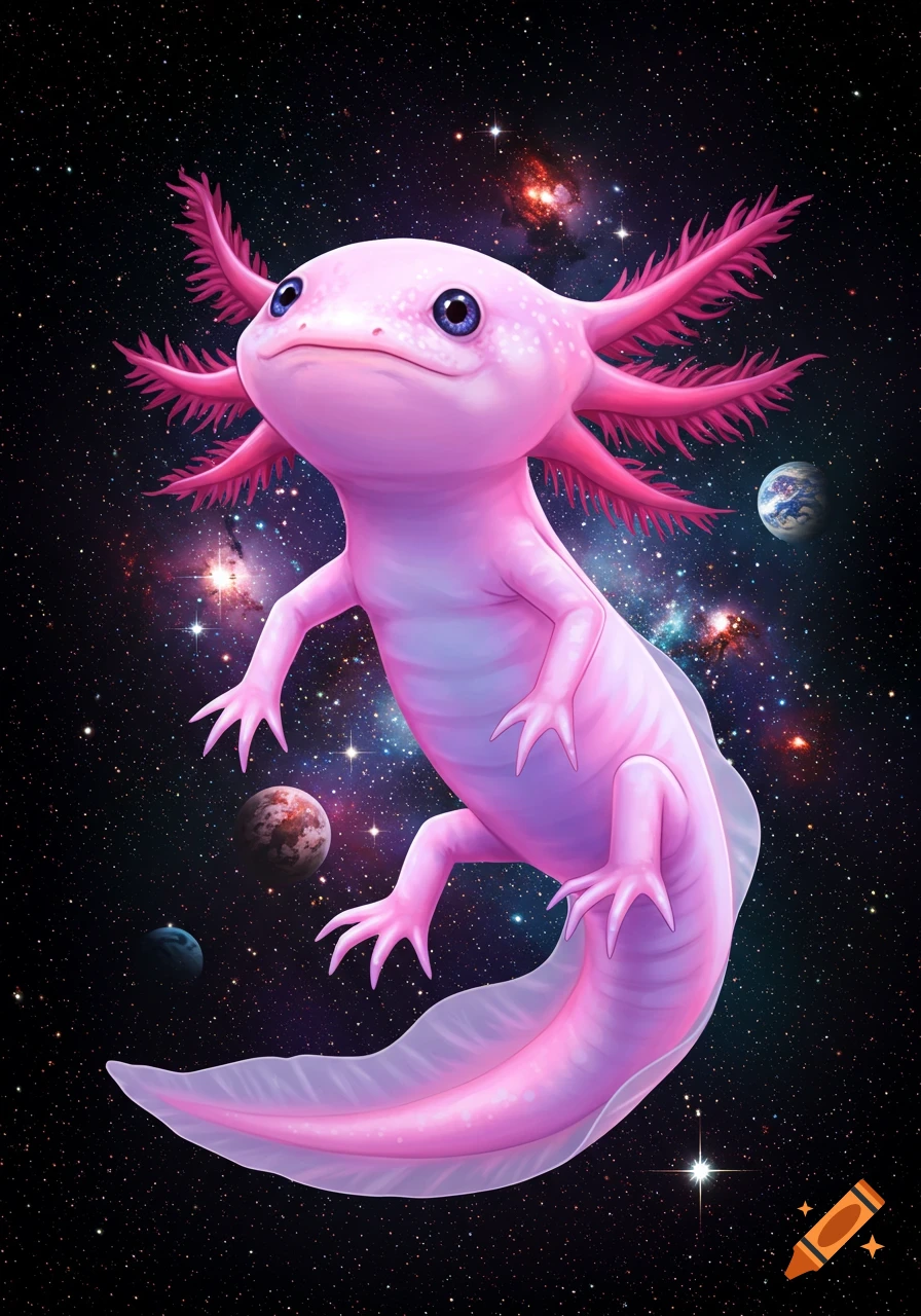 A pink axolotl with blue eyes and feathery gills floats in outer space among stars and planets.