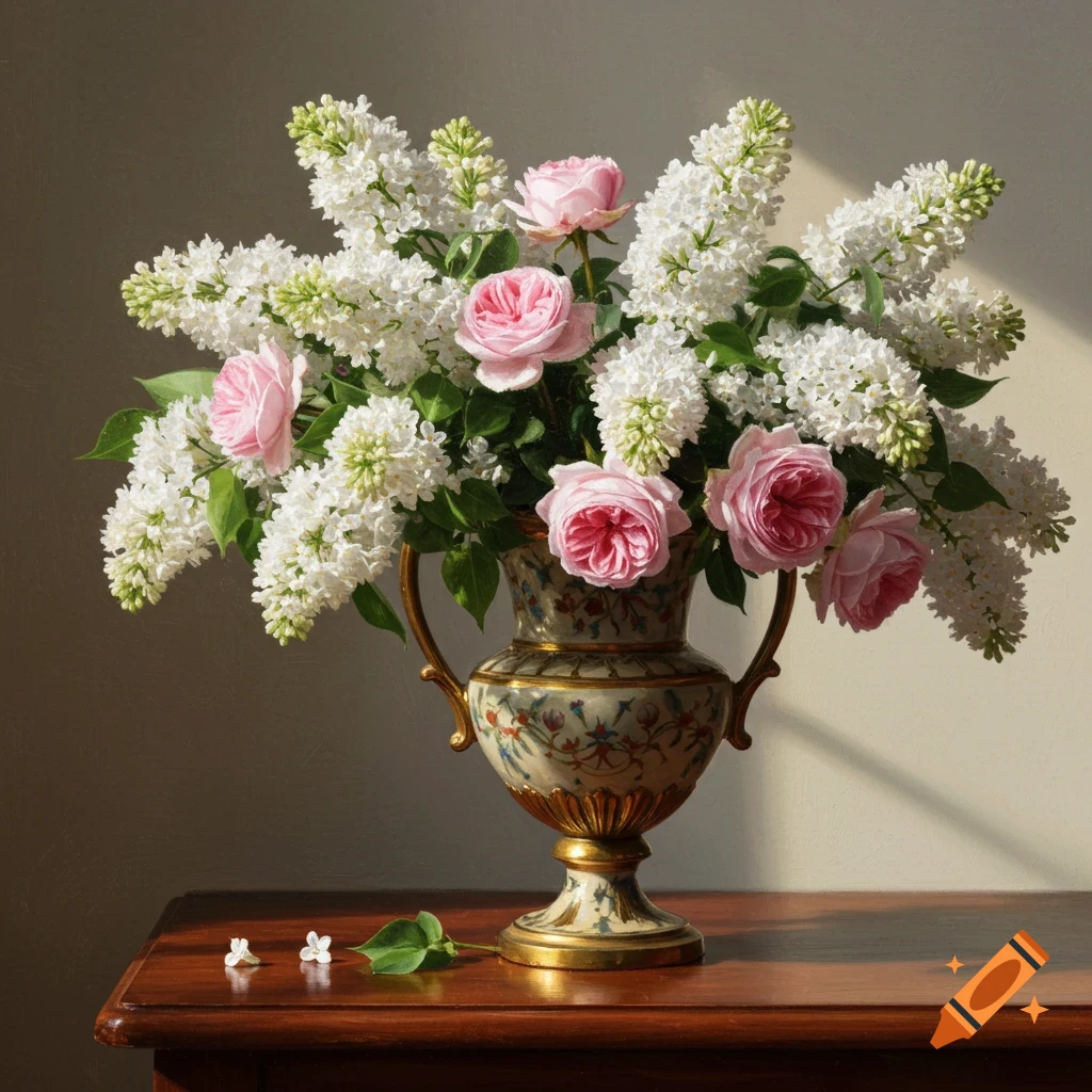 A vibrant still life painting of a bouquet of white lilacs and pink roses in a decorative, ornate vase on a polished wooden table.