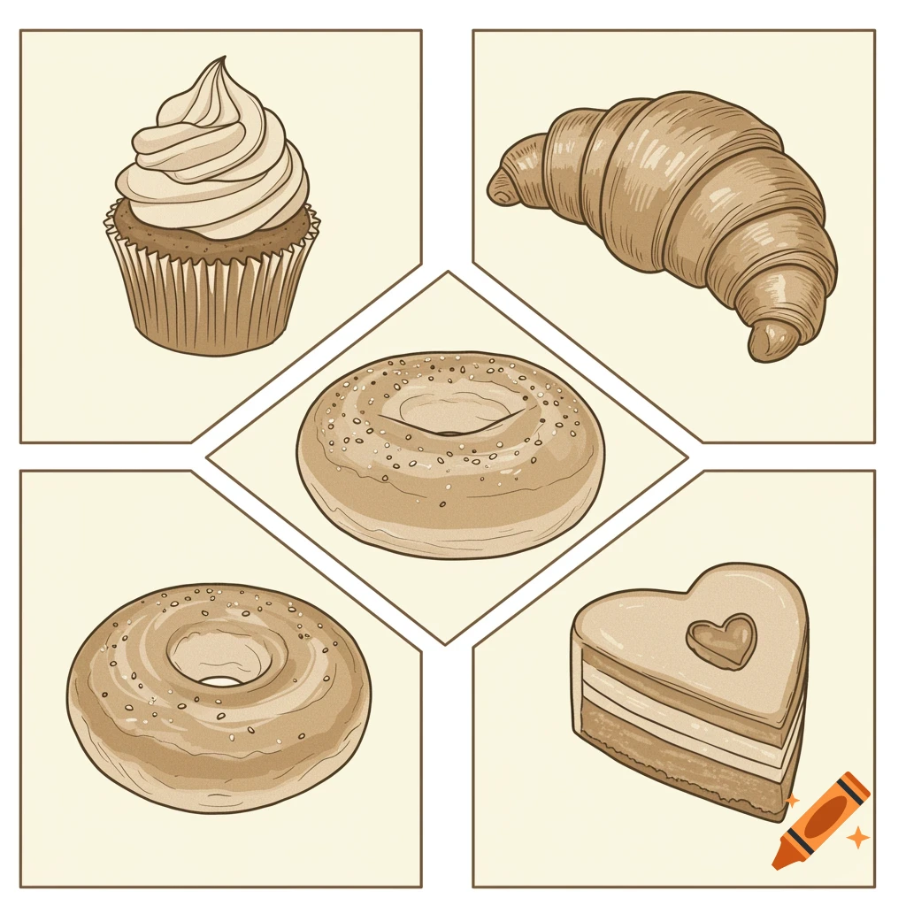 Comic book style illustration of a grid featuring a cupcake, croissant, bagel, and heart-shaped cake with a pale brown tint.