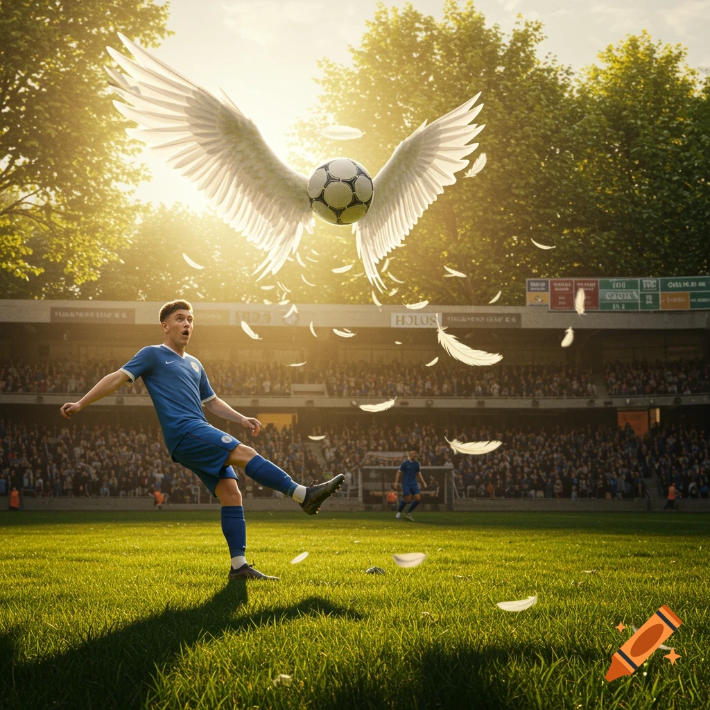 Photorealistic image of a soccer player on a sunny field, kicking at a soccer ball with white wings flying above, with feathers falling.