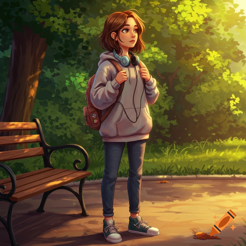 A young woman with brown hair and a grey hoodie stands in a sunny park with a backpack and headphones around her neck, in an illustrative style.
