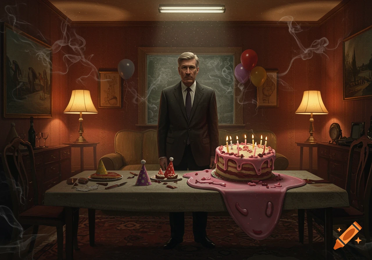 A man in a suit stands behind a table with a melting birthday cake and party hats in a dimly lit, smoky room, in a surreal, unsettling style.
