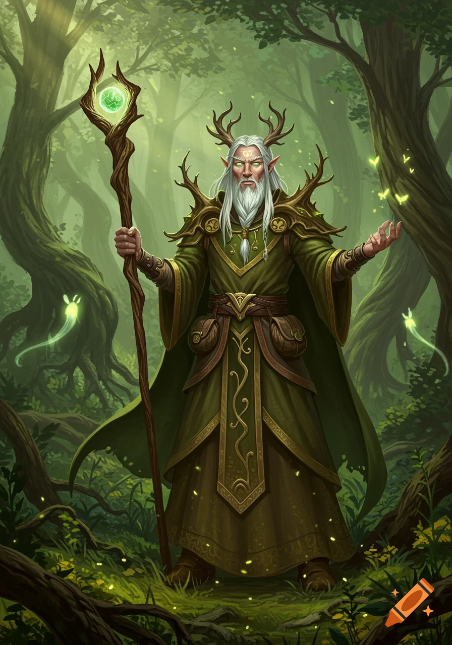 A high elf druid with a long white beard and antlers, wearing green robes, stands in a mystical forest with glowing green fireflies.
