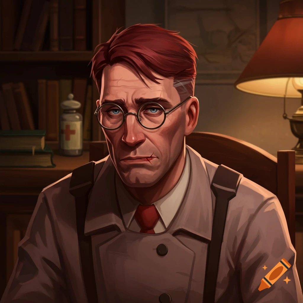Illustration of a red-haired man with glasses, a cut lip, and a tired expression, resembling the TF2 Medic, in a dimly lit study.