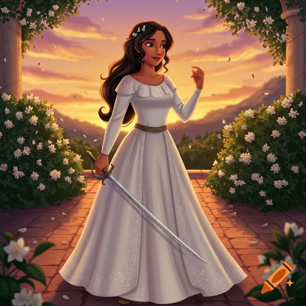 An animated woman with dark hair in a white dress holds a sword in a flowery garden at sunset.