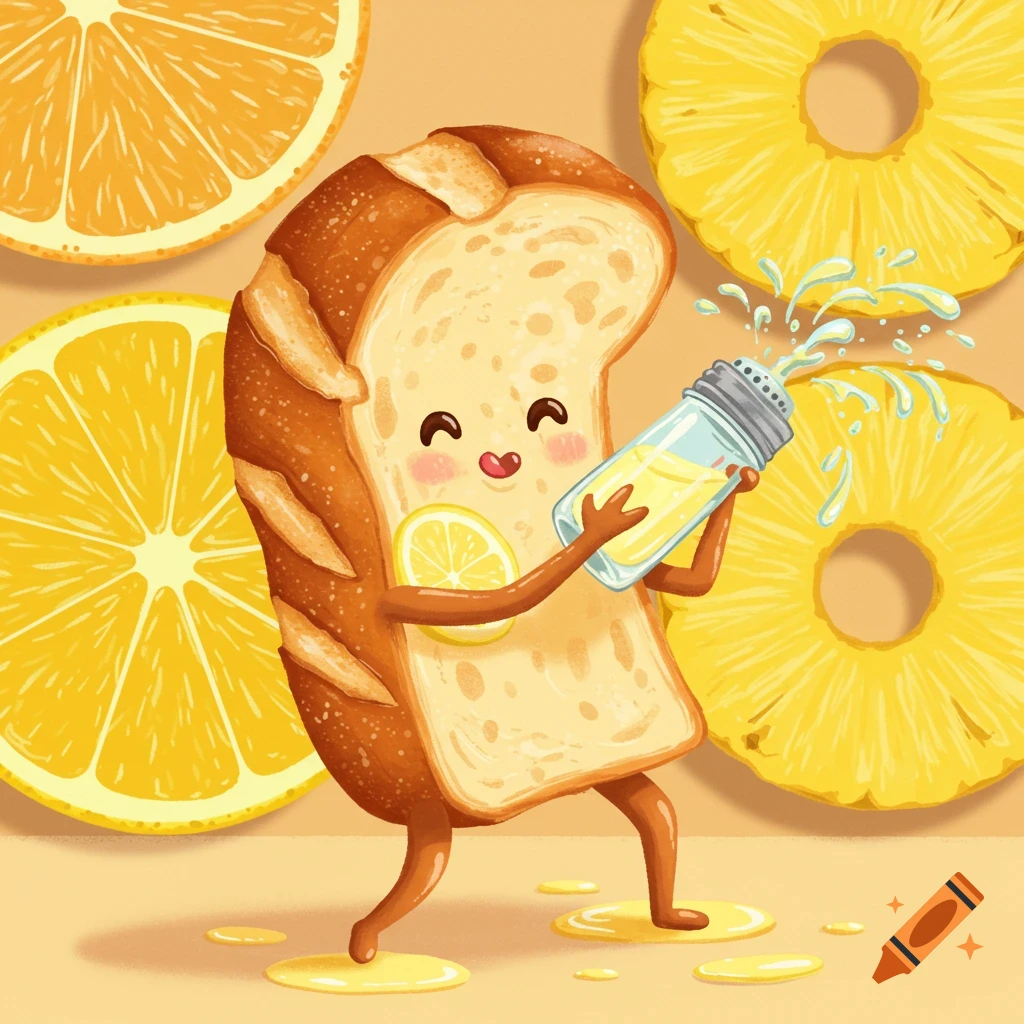 Cartoon slice of bread character with a happy face, splashing liquid from a shaker, surrounded by orange and pineapple slices.