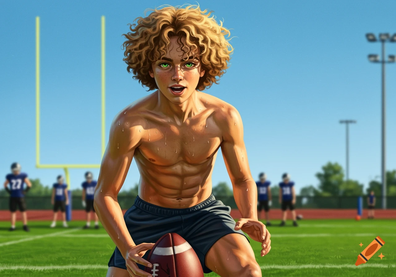 A shirtless boy with curly blonde hair and green eyes holds a football on a sunny field, digital painting.