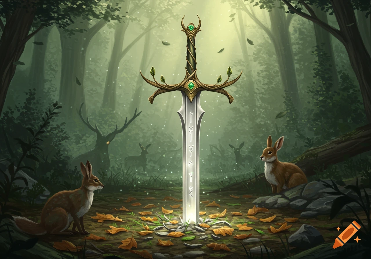 A magical glowing sword stands upright in the center of an enchanting, misty forest, surrounded by autumn leaves, rabbits, and deer.