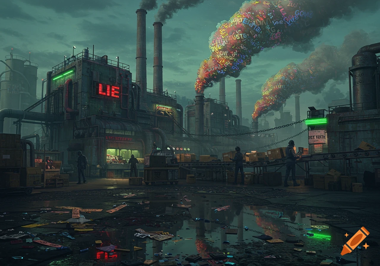 A dark, atmospheric industrial factory scene with chimneys spewing smoke filled with colorful letters and words, and a large 'LIE' sign on the building.