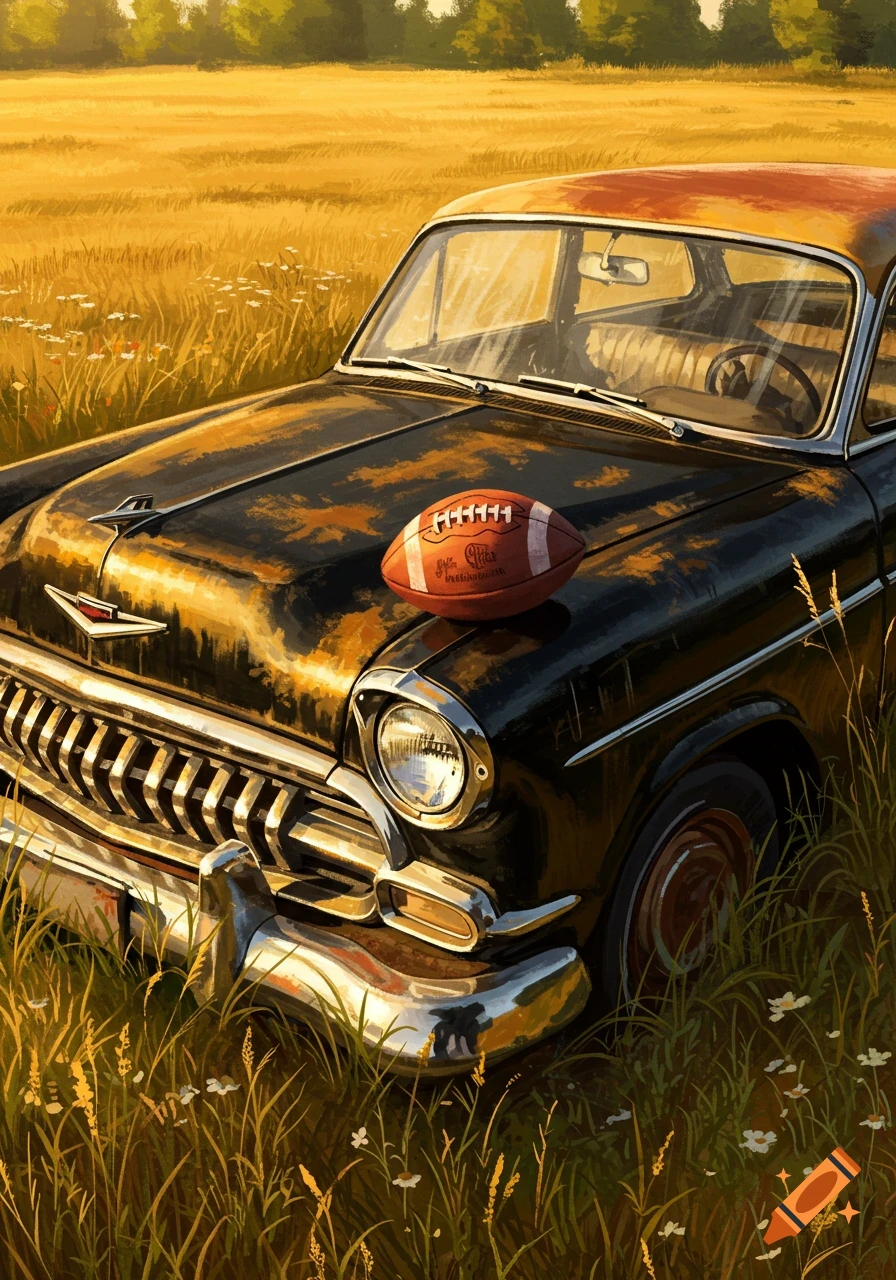 A rusty black and gold vintage car with a football on its hood, parked in a golden field under a clear sky, in a painterly style.