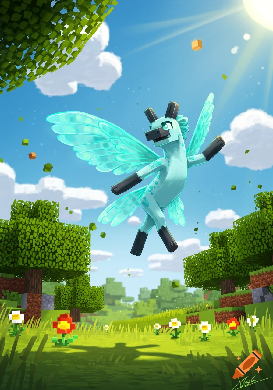 A light blue Allay, a winged creature, flies in a vibrant Minecraft landscape with blocky trees, green grass, and colorful flowers under a bright blue sky.