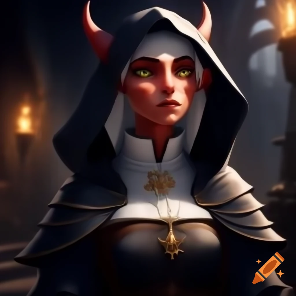 Tiefling cleric in nun-like habit in fantasy D&D setting