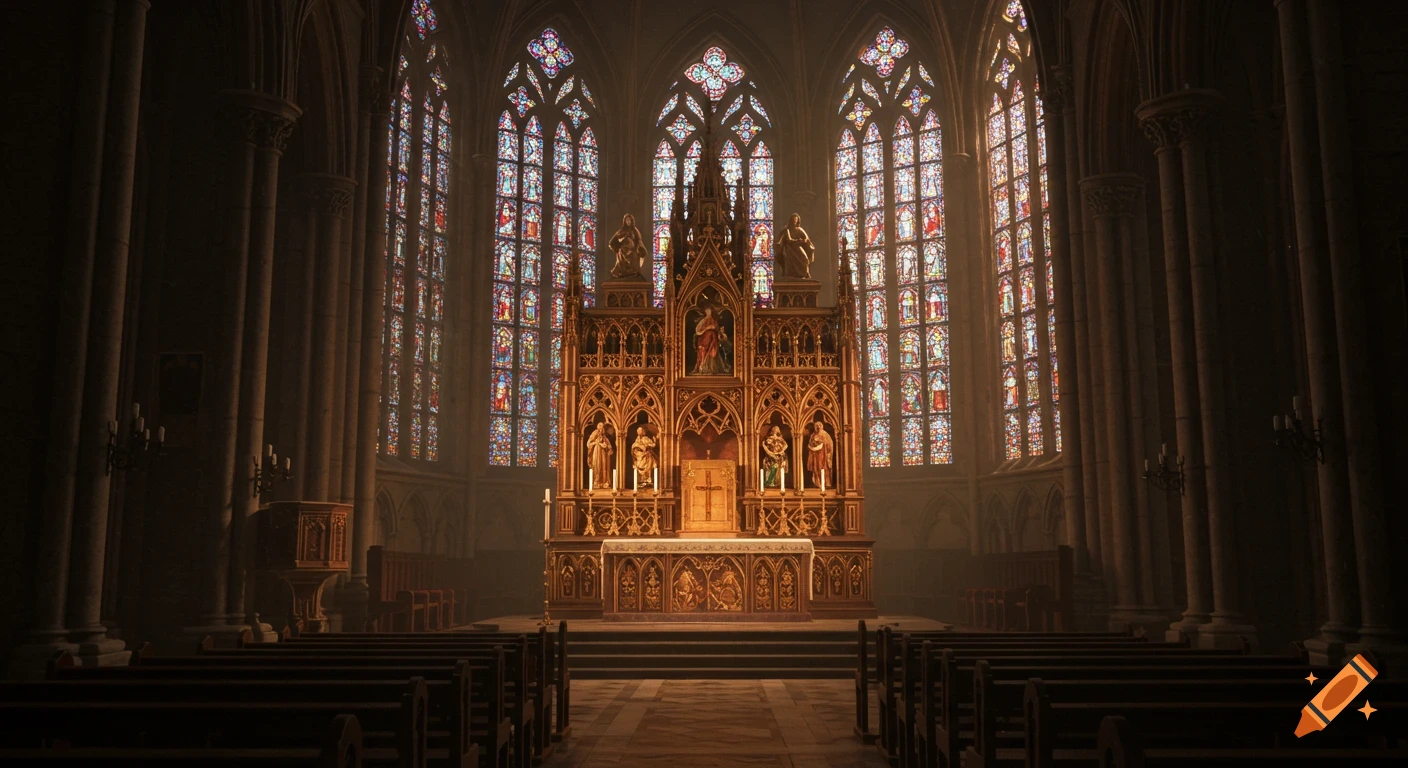A grand church interior with a detailed wooden altar bathed in light from vibrant stained glass windows.