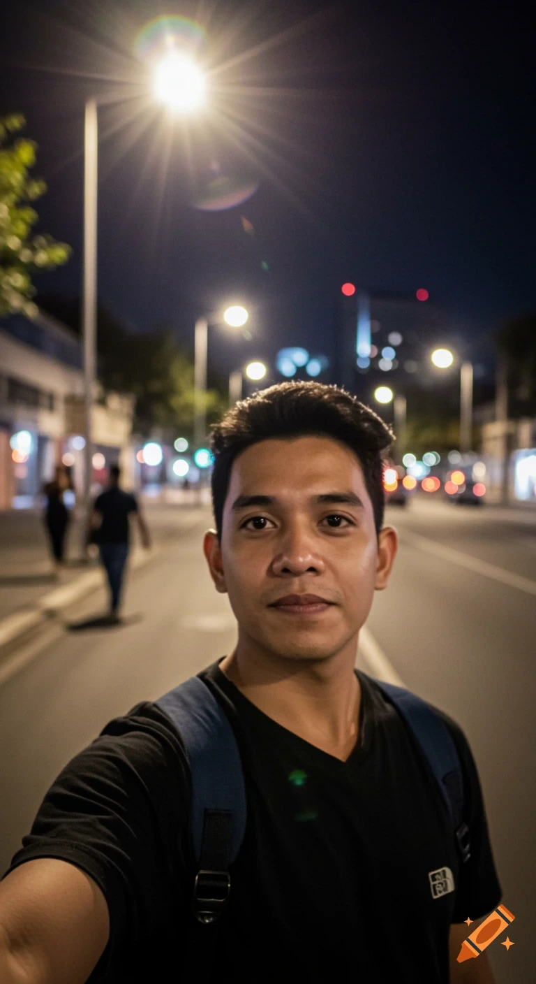 A man takes a selfie on a dark street at night, with blurred streetlights and buildings in the background.