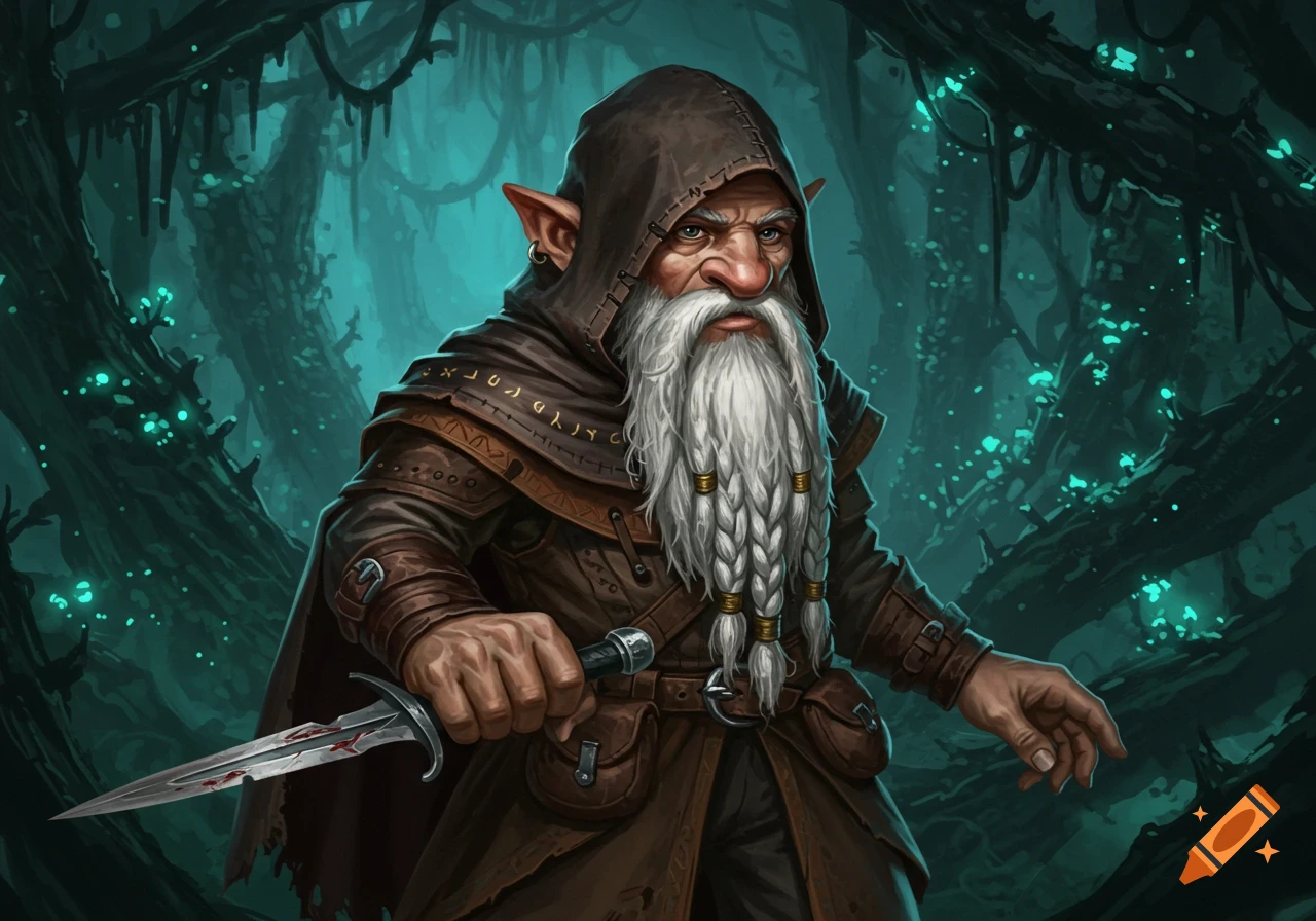 A hooded old gnome rogue with a long white braided beard holds a dagger in a dark, glowing fantasy forest.