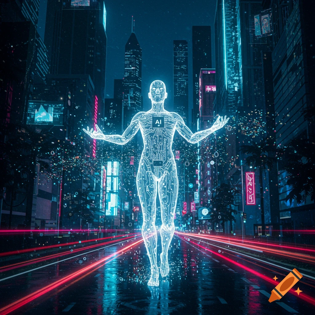 A glowing, circuit-patterned human figure with 'AI' on its chest stands in the middle of a futuristic city street at night, with red light trails.