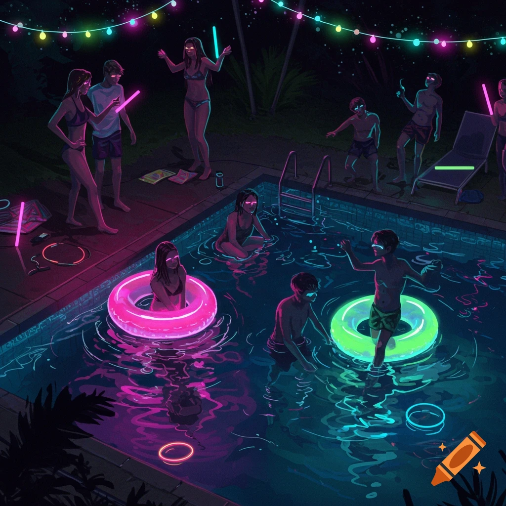 Neon-lit nighttime pool party with teenagers in and around the water, featuring glow sticks and bright inner tubes.