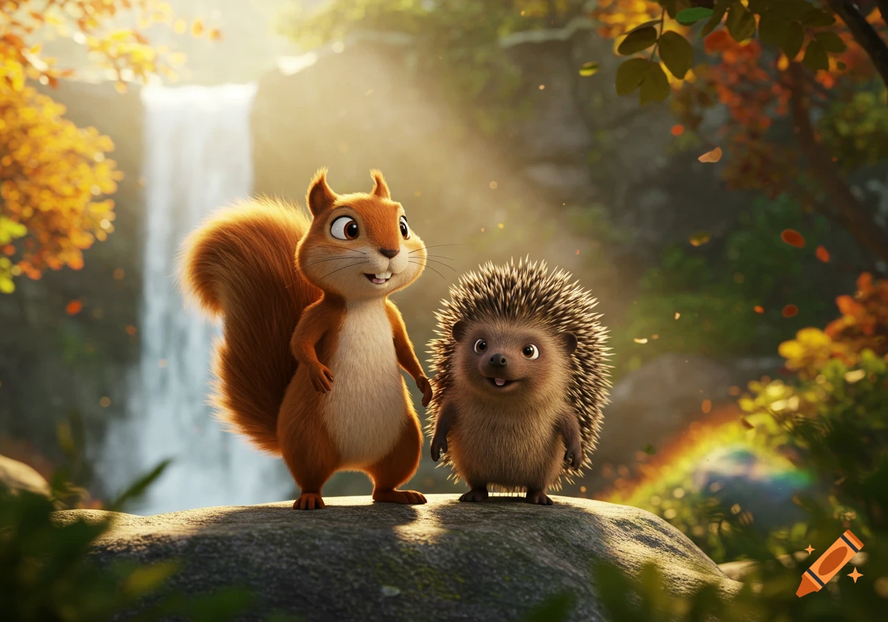 A 3D animated squirrel and hedgehog stand on a rock in a sunny forest with a waterfall.