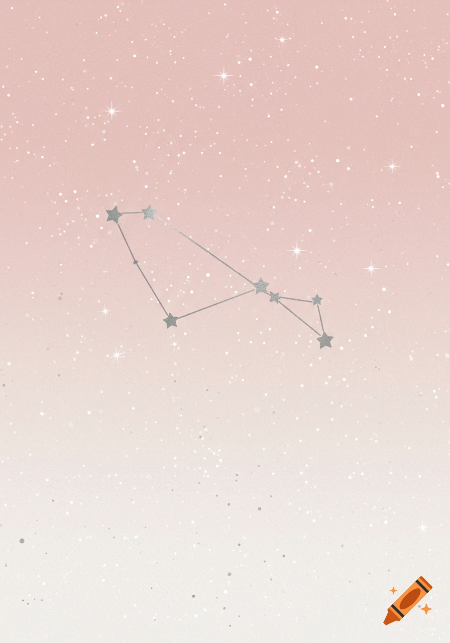 A pink and white ombre background with scattered sparkling stars and a constellation formed by larger silver stars connected by lines.