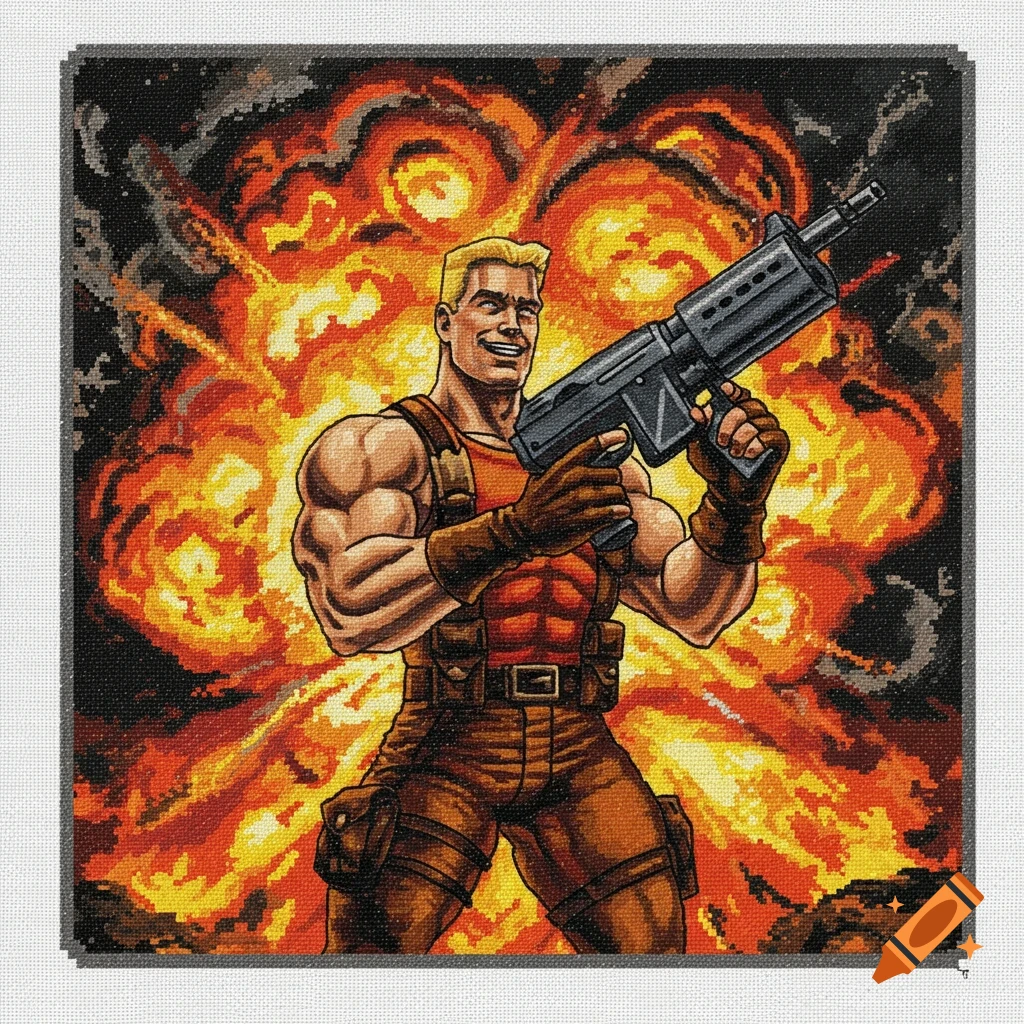 Muscular blonde man in a tank top holding a large gun, standing before an explosion, depicted in a pixelated cross-stitch art style.